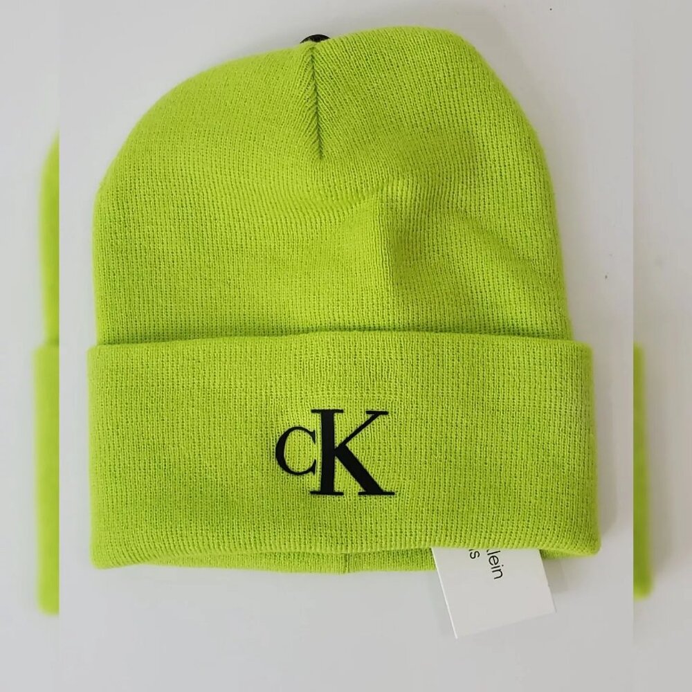 CALVIN KLEIN BEANIE HAT MEN'S EMBROIDERED MONOGRAM LOGO BLACK ONESIZE GREEN NEON